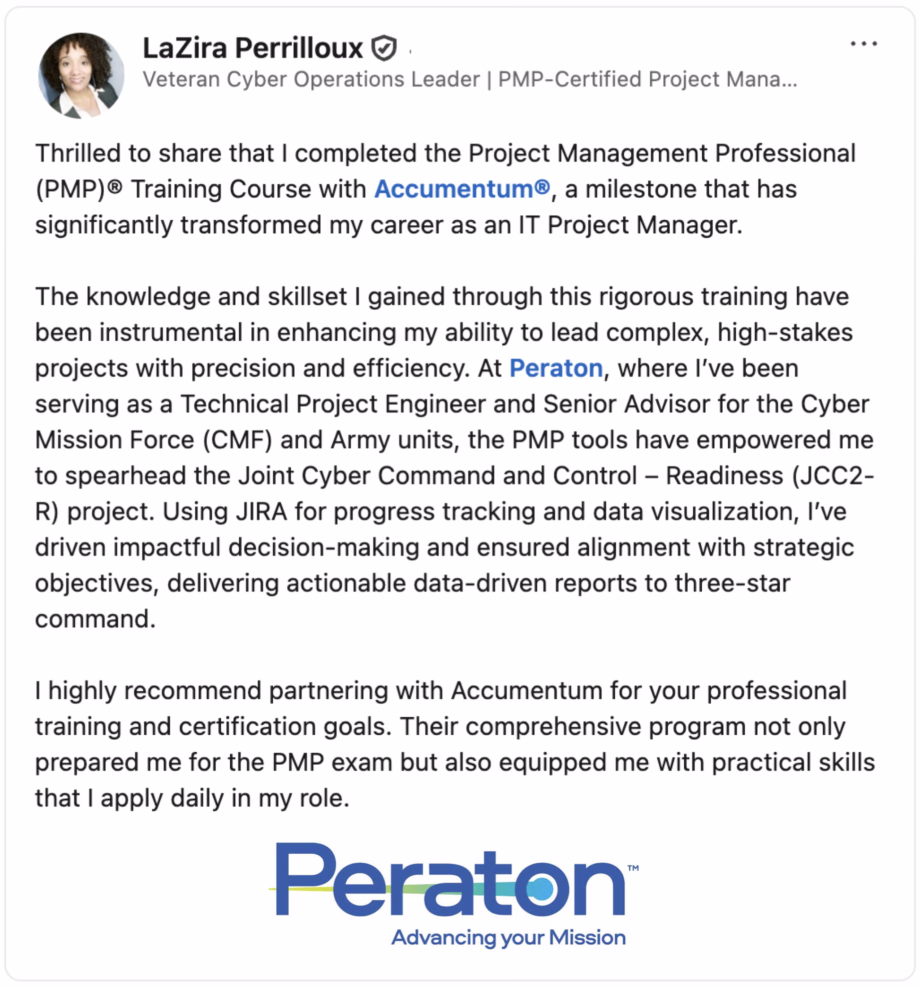 Client Endorsement of Accumentum Project Management Certification Training